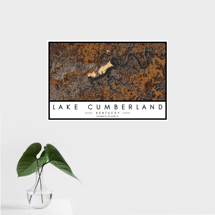 16x24 Lake Cumberland Kentucky Map Print Landscape Orientation in Ember Style With Tropical Plant Leaves in Water