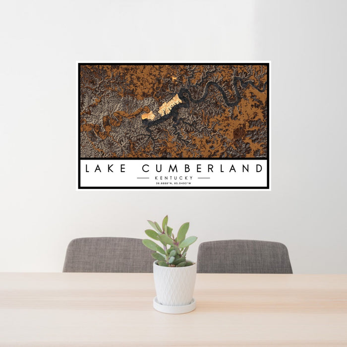 24x36 Lake Cumberland Kentucky Map Print Landscape Orientation in Ember Style Behind 2 Chairs Table and Potted Plant