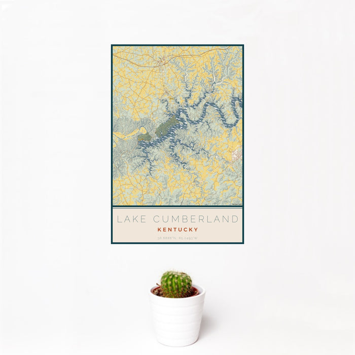 12x18 Lake Cumberland Kentucky Map Print Portrait Orientation in Woodblock Style With Small Cactus Plant in White Planter