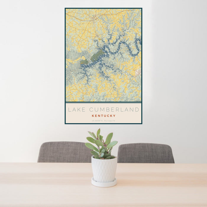 24x36 Lake Cumberland Kentucky Map Print Portrait Orientation in Woodblock Style Behind 2 Chairs Table and Potted Plant