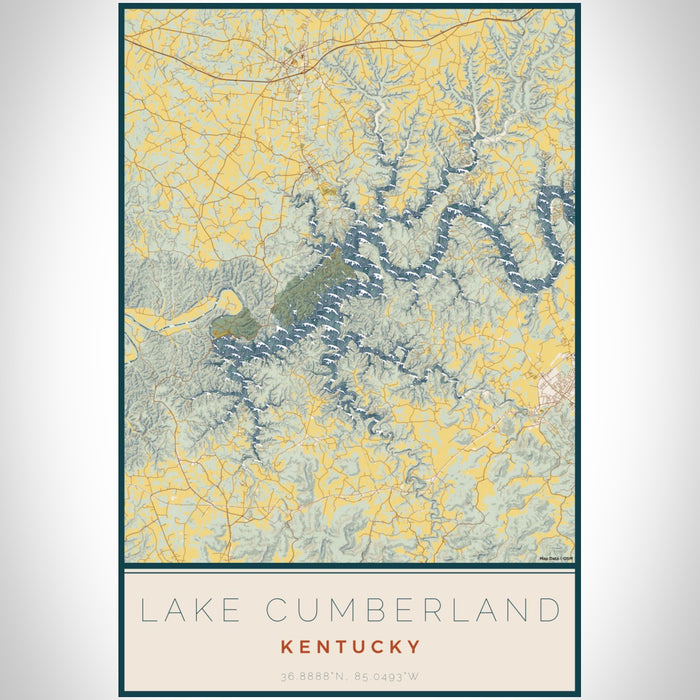Lake Cumberland Kentucky Map Print Portrait Orientation in Woodblock Style With Shaded Background
