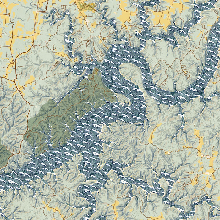 Lake Cumberland Kentucky Map Print in Woodblock Style Zoomed In Close Up Showing Details
