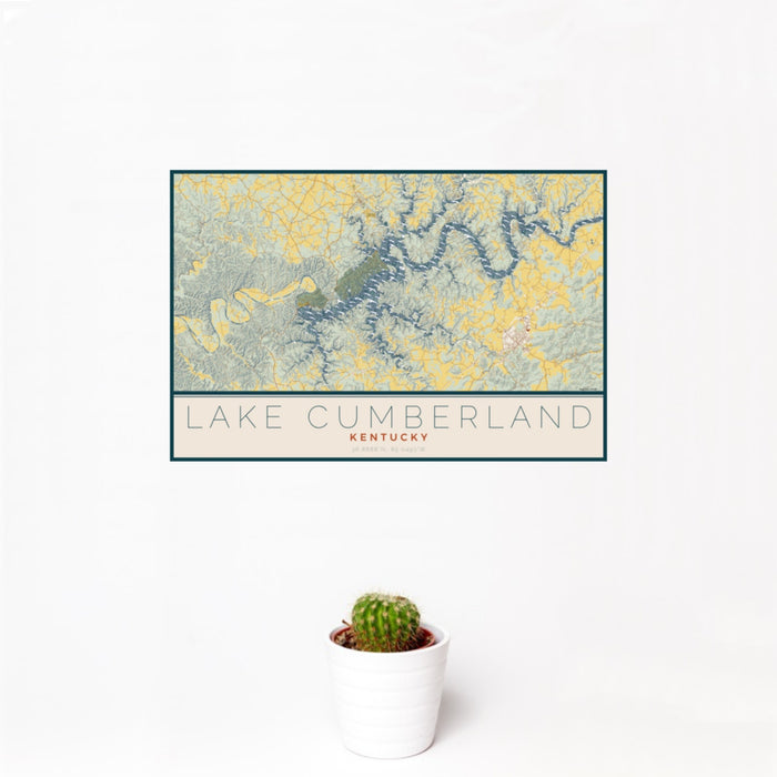 12x18 Lake Cumberland Kentucky Map Print Landscape Orientation in Woodblock Style With Small Cactus Plant in White Planter