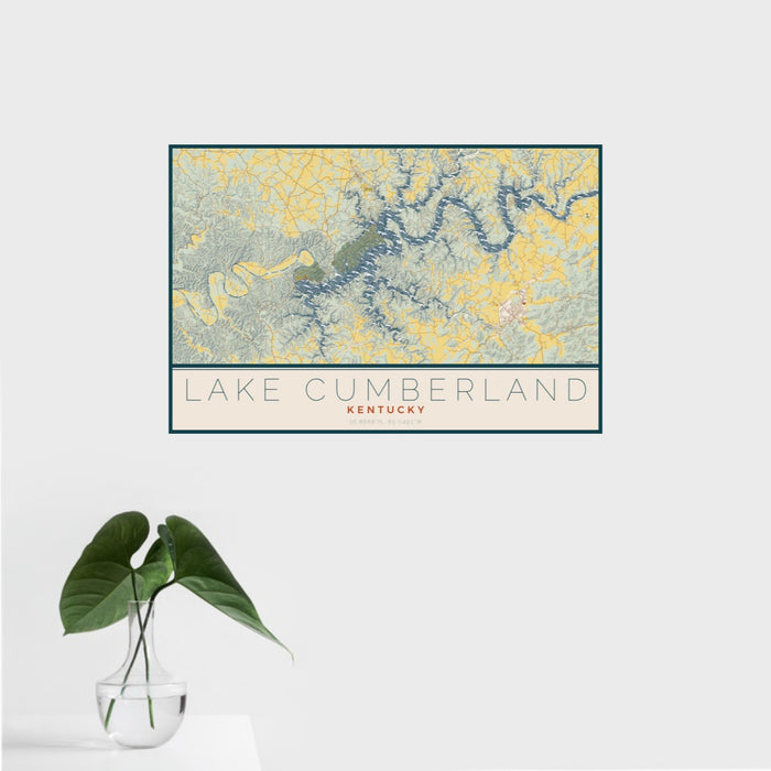 16x24 Lake Cumberland Kentucky Map Print Landscape Orientation in Woodblock Style With Tropical Plant Leaves in Water