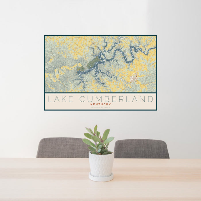 24x36 Lake Cumberland Kentucky Map Print Landscape Orientation in Woodblock Style Behind 2 Chairs Table and Potted Plant