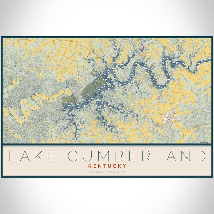 Lake Cumberland Kentucky Map Print Landscape Orientation in Woodblock Style With Shaded Background