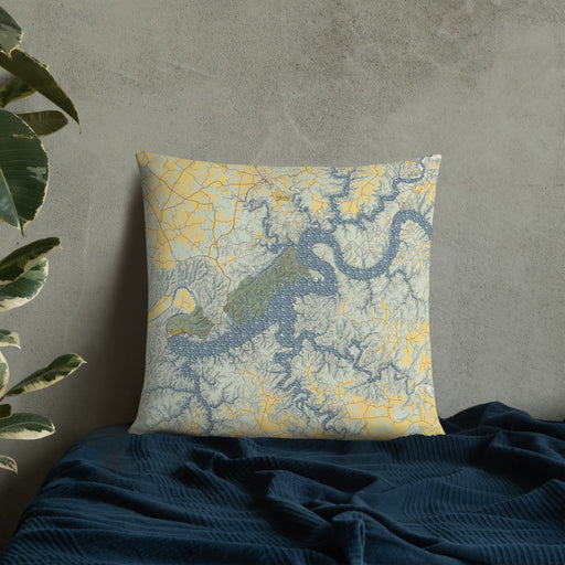 Custom Lake Cumberland Kentucky Map Throw Pillow in Woodblock on Bedding Against Wall