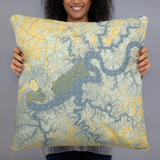 Person holding 22x22 Custom Lake Cumberland Kentucky Map Throw Pillow in Woodblock