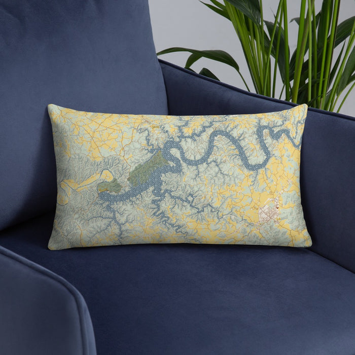 Custom Lake Cumberland Kentucky Map Throw Pillow in Woodblock on Blue Colored Chair