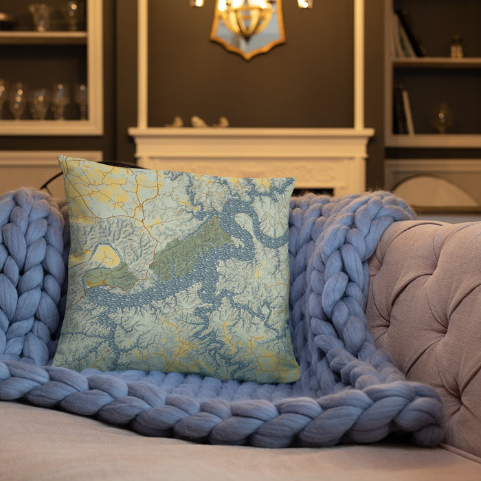 Custom Lake Cumberland Kentucky Map Throw Pillow in Woodblock on Cream Colored Couch
