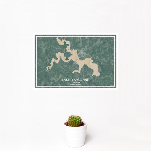 12x18 Lake D'Arbonne Louisiana Map Print Landscape Orientation in Afternoon Style With Small Cactus Plant in White Planter