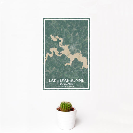 12x18 Lake D'Arbonne Louisiana Map Print Portrait Orientation in Afternoon Style With Small Cactus Plant in White Planter