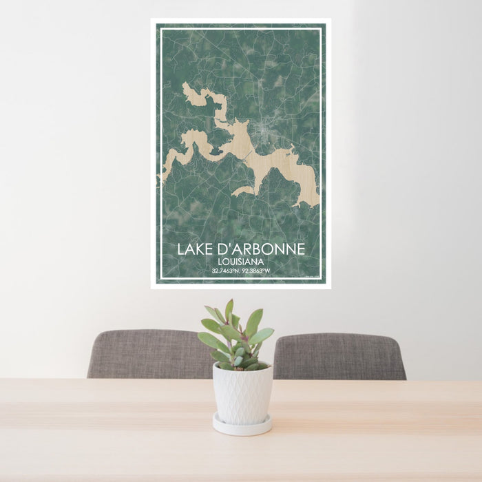24x36 Lake D'Arbonne Louisiana Map Print Portrait Orientation in Afternoon Style Behind 2 Chairs Table and Potted Plant
