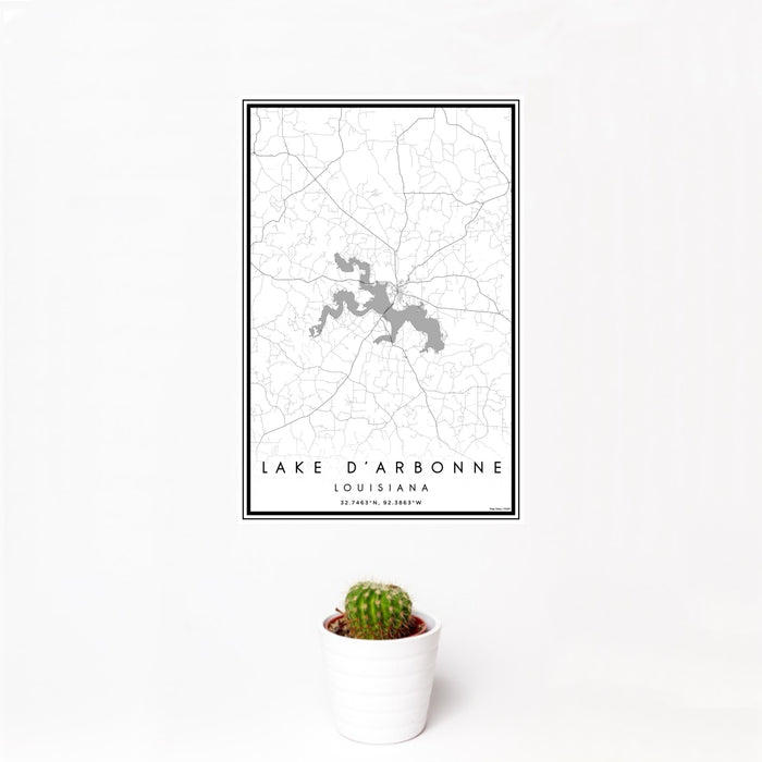 12x18 Lake D'Arbonne Louisiana Map Print Portrait Orientation in Classic Style With Small Cactus Plant in White Planter