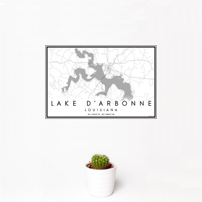 12x18 Lake D'Arbonne Louisiana Map Print Landscape Orientation in Classic Style With Small Cactus Plant in White Planter