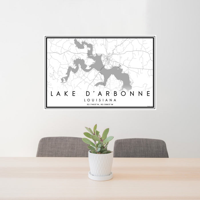 24x36 Lake D'Arbonne Louisiana Map Print Landscape Orientation in Classic Style Behind 2 Chairs Table and Potted Plant