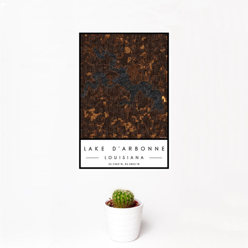 12x18 Lake D'Arbonne Louisiana Map Print Portrait Orientation in Ember Style With Small Cactus Plant in White Planter