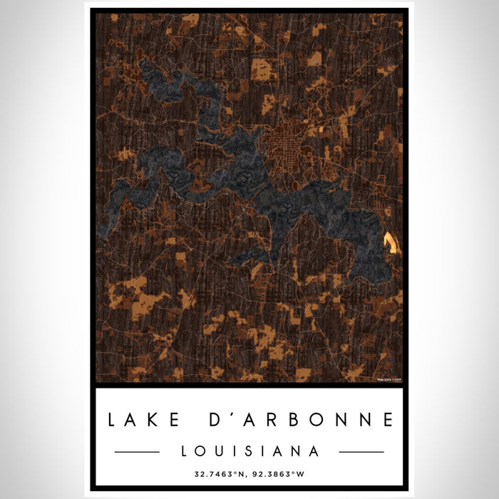 Lake D'Arbonne Louisiana Map Print Portrait Orientation in Ember Style With Shaded Background