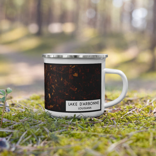 Right View Custom Lake D'Arbonne Louisiana Map Enamel Mug in Ember on Grass With Trees in Background