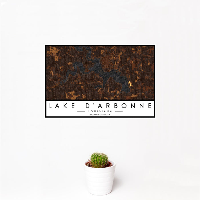 12x18 Lake D'Arbonne Louisiana Map Print Landscape Orientation in Ember Style With Small Cactus Plant in White Planter