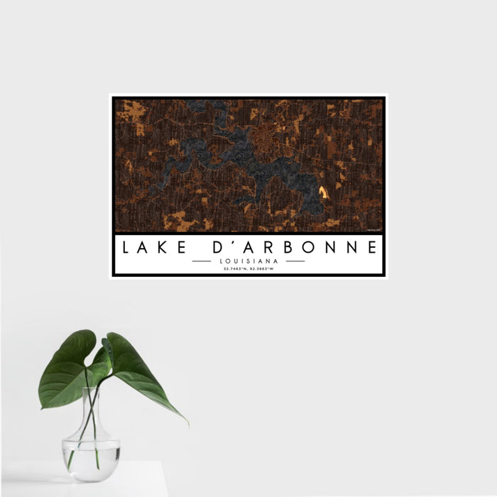 16x24 Lake D'Arbonne Louisiana Map Print Landscape Orientation in Ember Style With Tropical Plant Leaves in Water