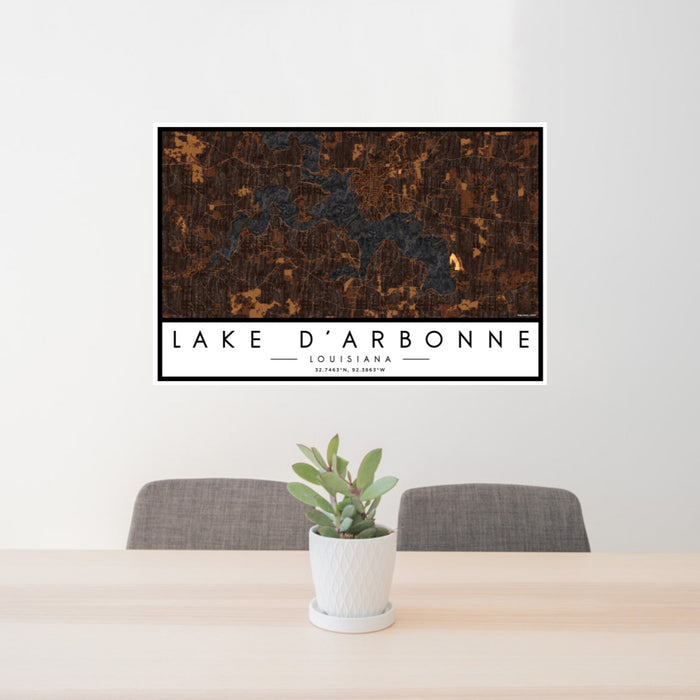 24x36 Lake D'Arbonne Louisiana Map Print Landscape Orientation in Ember Style Behind 2 Chairs Table and Potted Plant