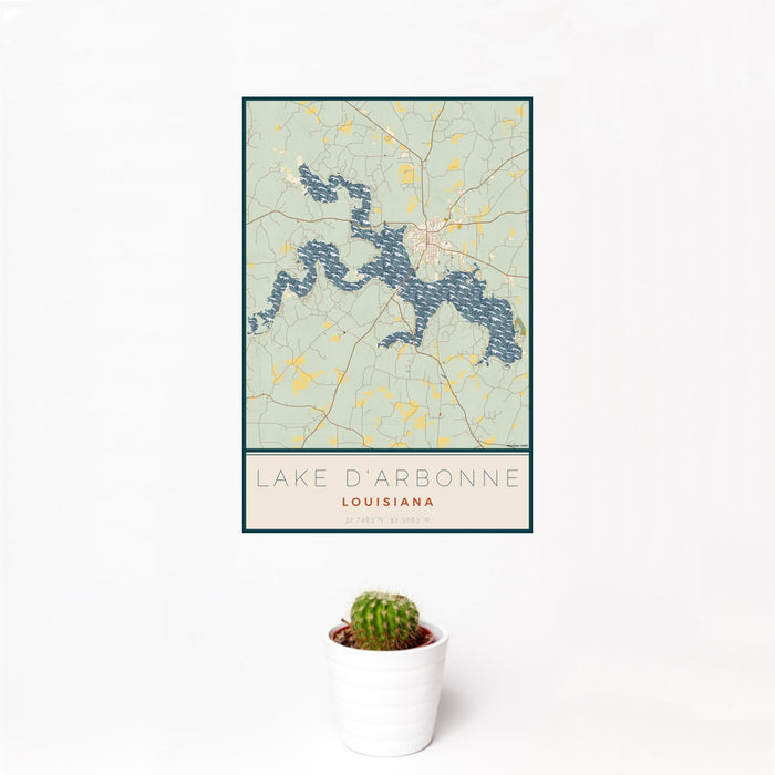 12x18 Lake D'Arbonne Louisiana Map Print Portrait Orientation in Woodblock Style With Small Cactus Plant in White Planter