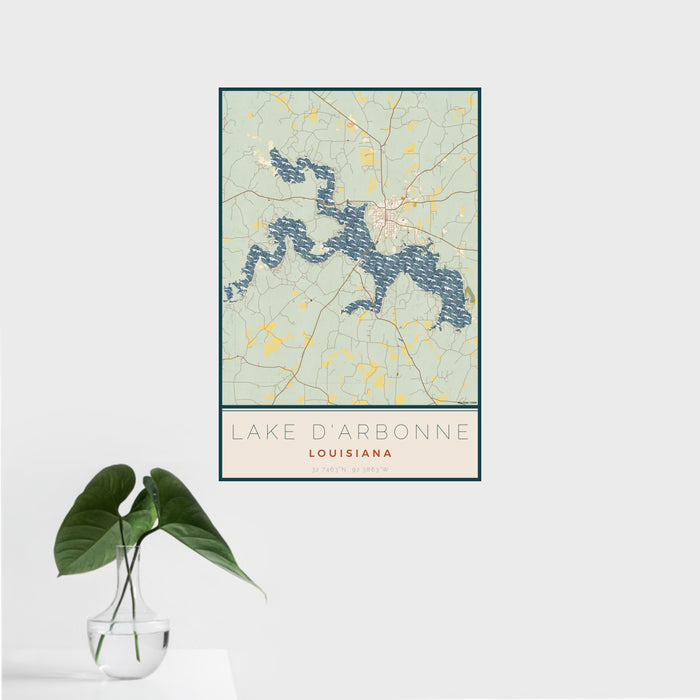 16x24 Lake D'Arbonne Louisiana Map Print Portrait Orientation in Woodblock Style With Tropical Plant Leaves in Water