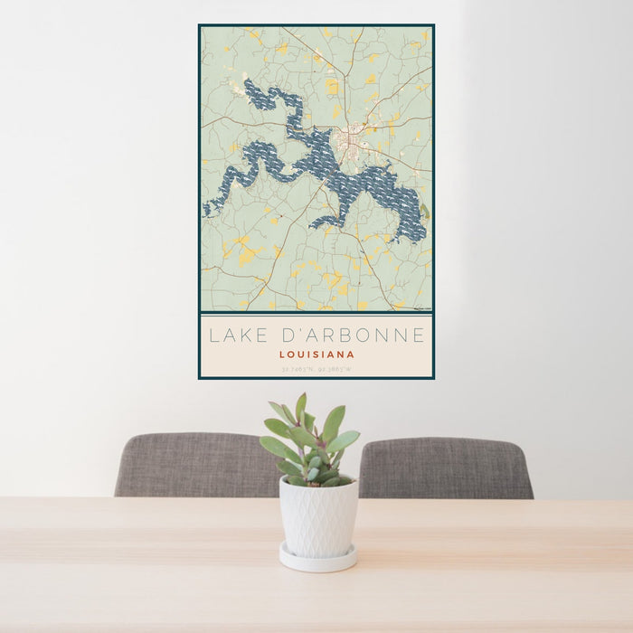 24x36 Lake D'Arbonne Louisiana Map Print Portrait Orientation in Woodblock Style Behind 2 Chairs Table and Potted Plant
