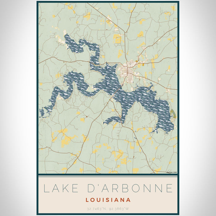 Lake D'Arbonne Louisiana Map Print Portrait Orientation in Woodblock Style With Shaded Background