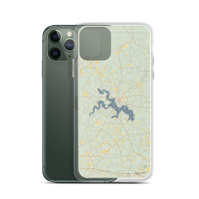 Custom Lake D'Arbonne Louisiana Map Phone Case in Woodblock on Table with Laptop and Plant