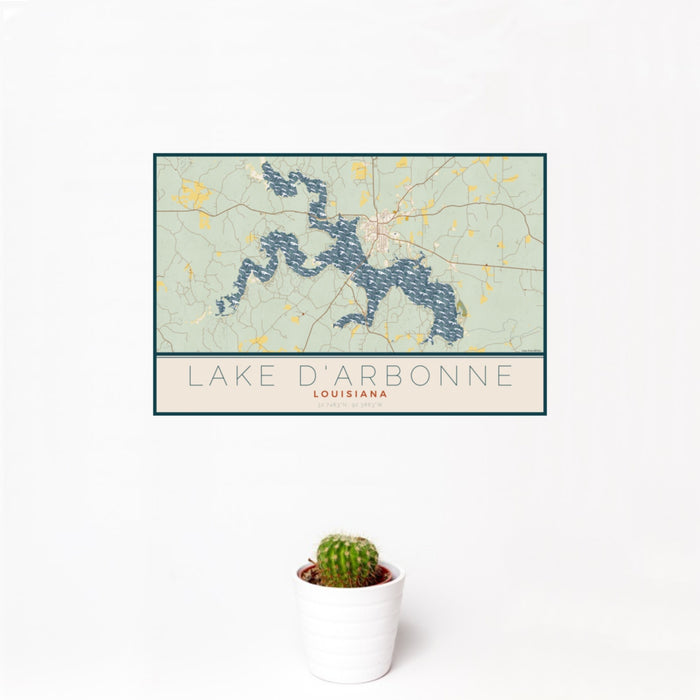 12x18 Lake D'Arbonne Louisiana Map Print Landscape Orientation in Woodblock Style With Small Cactus Plant in White Planter