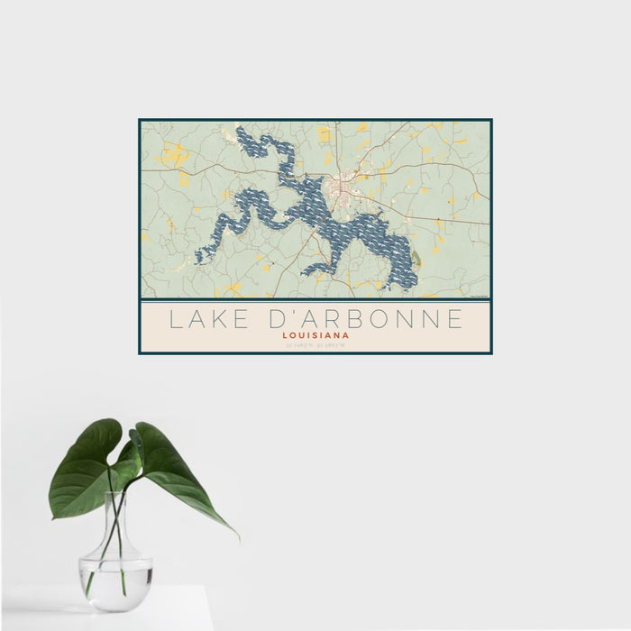16x24 Lake D'Arbonne Louisiana Map Print Landscape Orientation in Woodblock Style With Tropical Plant Leaves in Water