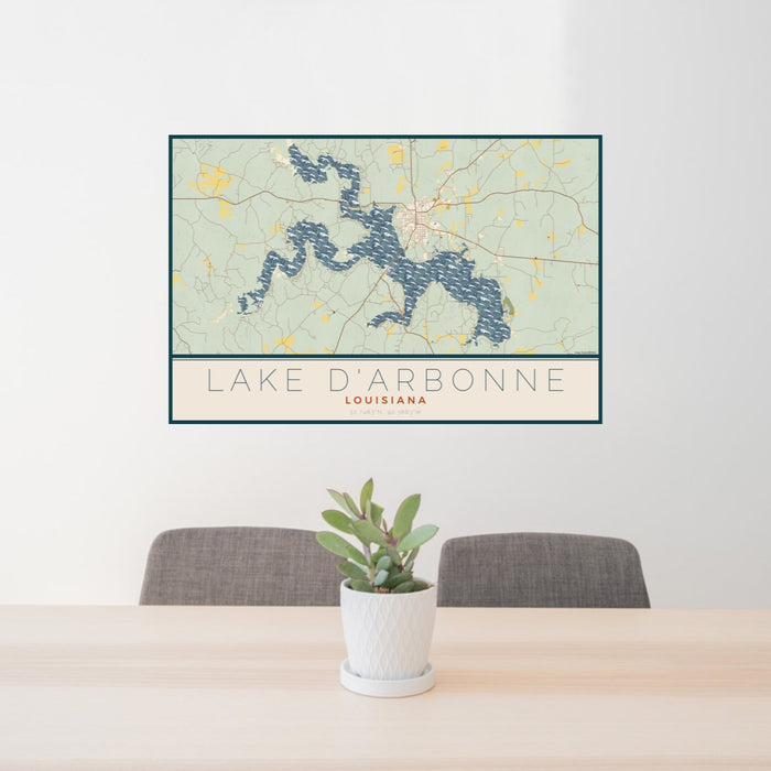24x36 Lake D'Arbonne Louisiana Map Print Landscape Orientation in Woodblock Style Behind 2 Chairs Table and Potted Plant