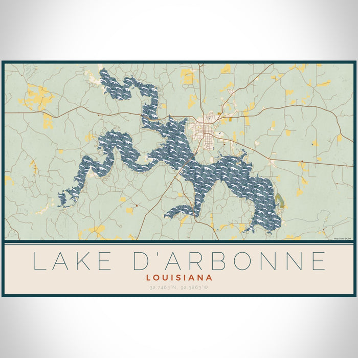 Lake D'Arbonne Louisiana Map Print Landscape Orientation in Woodblock Style With Shaded Background