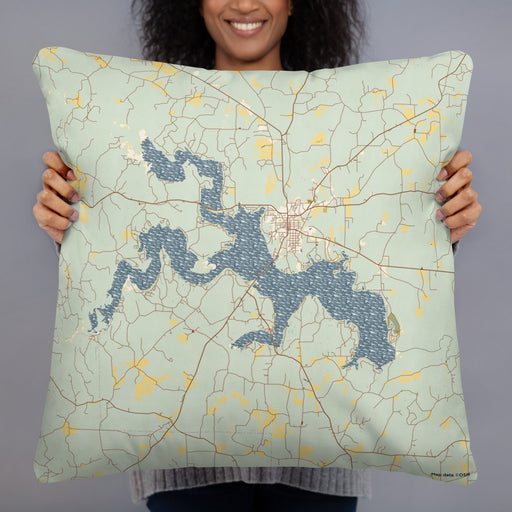 Person holding 22x22 Custom Lake D'Arbonne Louisiana Map Throw Pillow in Woodblock