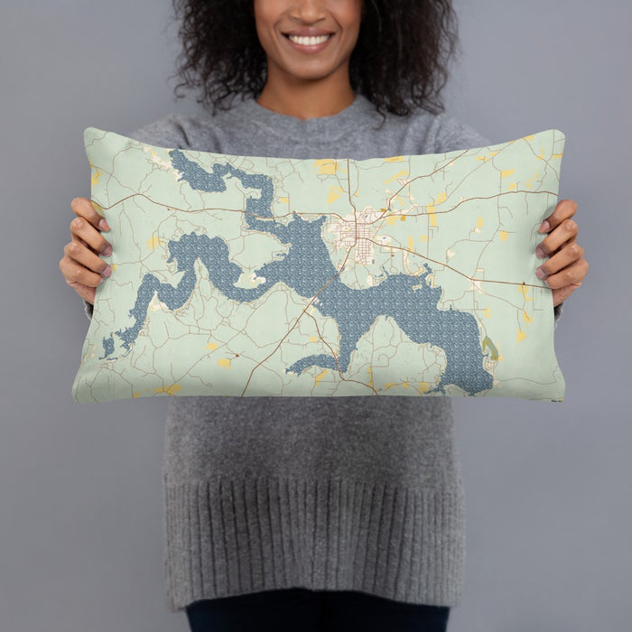Person holding 20x12 Custom Lake D'Arbonne Louisiana Map Throw Pillow in Woodblock