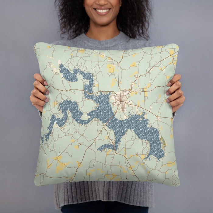 Person holding 18x18 Custom Lake D'Arbonne Louisiana Map Throw Pillow in Woodblock