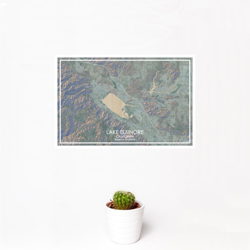 12x18 Lake Elsinore California Map Print Landscape Orientation in Afternoon Style With Small Cactus Plant in White Planter