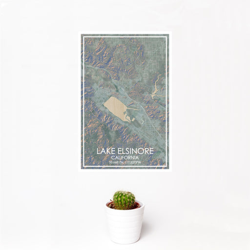 12x18 Lake Elsinore California Map Print Portrait Orientation in Afternoon Style With Small Cactus Plant in White Planter
