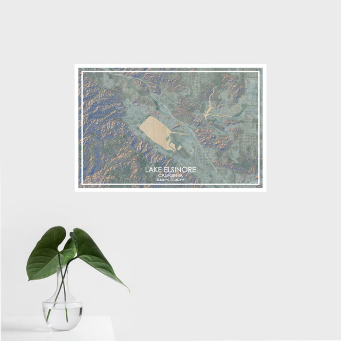16x24 Lake Elsinore California Map Print Landscape Orientation in Afternoon Style With Tropical Plant Leaves in Water