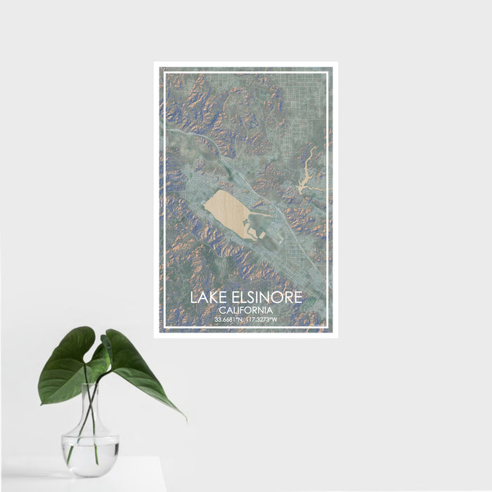 16x24 Lake Elsinore California Map Print Portrait Orientation in Afternoon Style With Tropical Plant Leaves in Water
