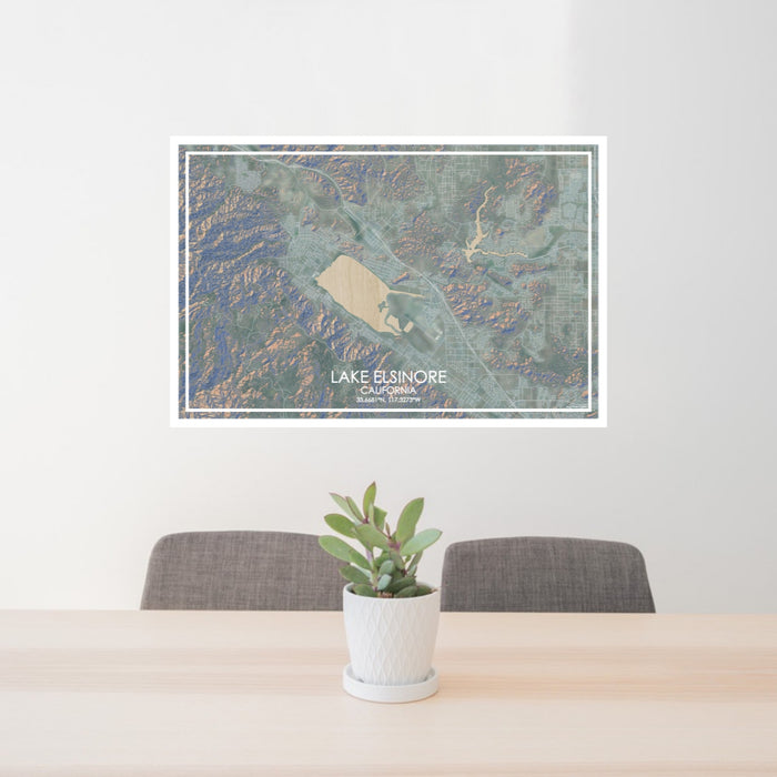 24x36 Lake Elsinore California Map Print Lanscape Orientation in Afternoon Style Behind 2 Chairs Table and Potted Plant