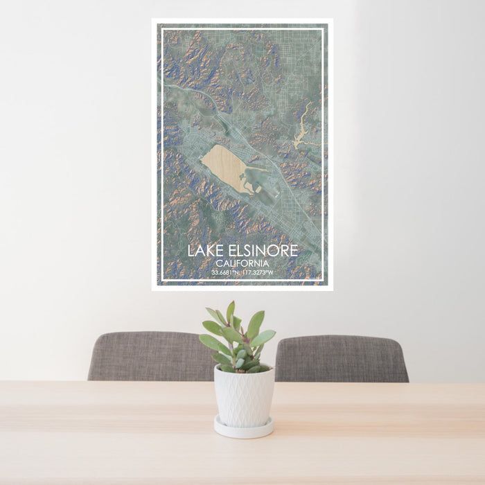 24x36 Lake Elsinore California Map Print Portrait Orientation in Afternoon Style Behind 2 Chairs Table and Potted Plant