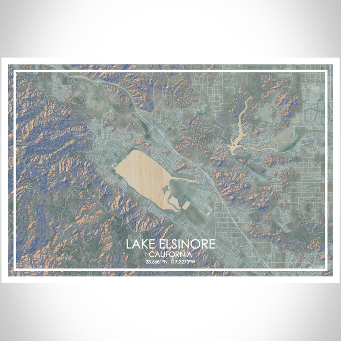 Lake Elsinore California Map Print Landscape Orientation in Afternoon Style With Shaded Background