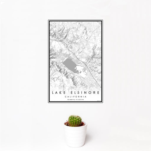 12x18 Lake Elsinore California Map Print Portrait Orientation in Classic Style With Small Cactus Plant in White Planter