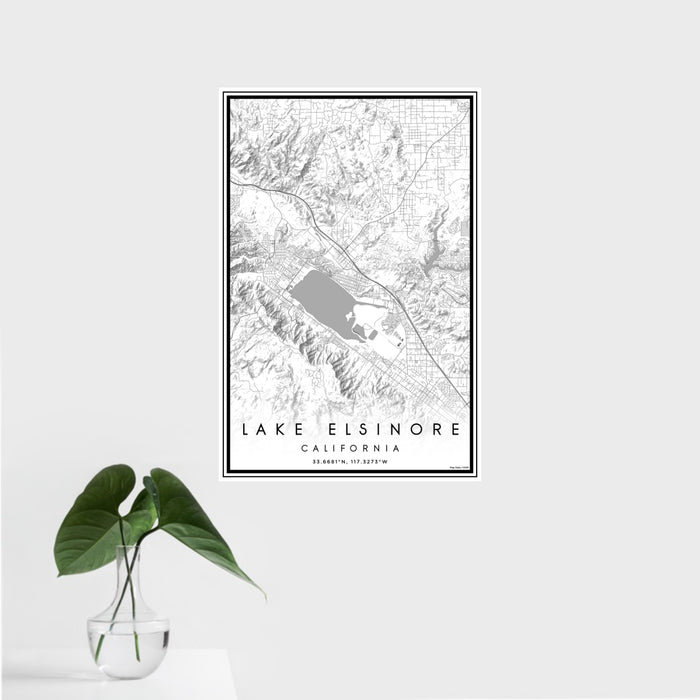 16x24 Lake Elsinore California Map Print Portrait Orientation in Classic Style With Tropical Plant Leaves in Water
