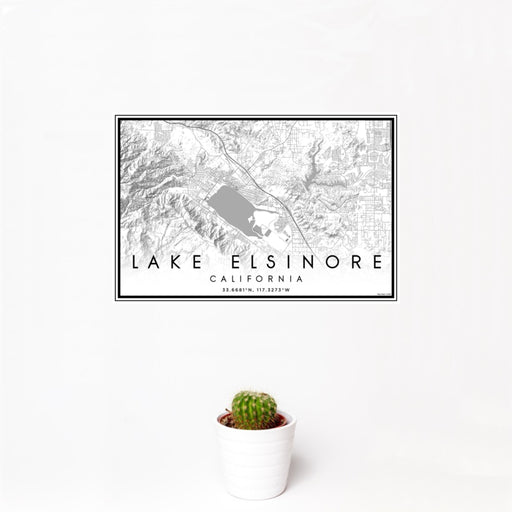 12x18 Lake Elsinore California Map Print Landscape Orientation in Classic Style With Small Cactus Plant in White Planter