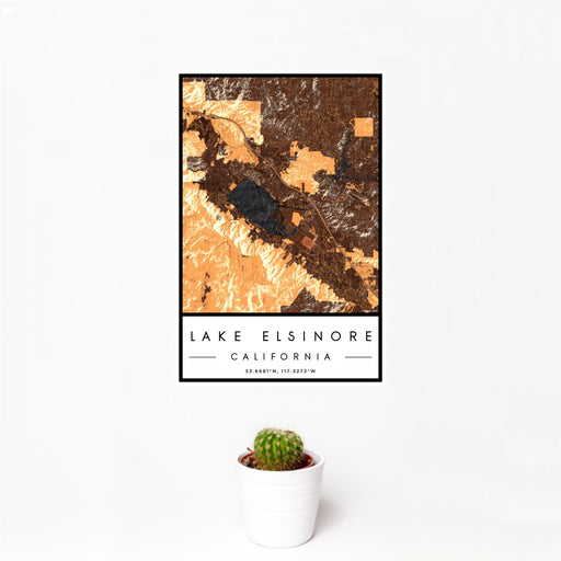 12x18 Lake Elsinore California Map Print Portrait Orientation in Ember Style With Small Cactus Plant in White Planter