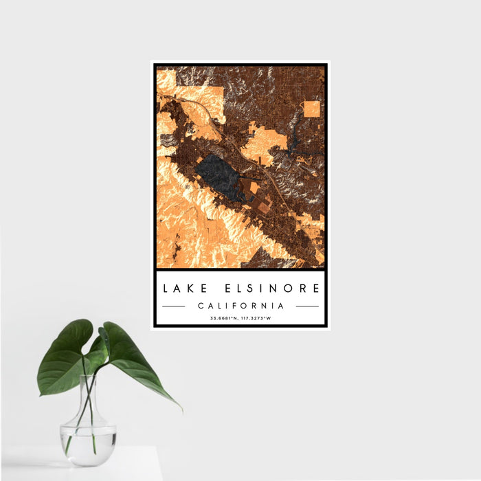 16x24 Lake Elsinore California Map Print Portrait Orientation in Ember Style With Tropical Plant Leaves in Water
